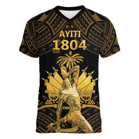 Haitian Negre Marron 1804 Women V-Neck T-Shirt Gold Polynesian Pattern - Wonder Print Shop