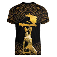 Haitian Negre Marron 1804 Women V-Neck T-Shirt Gold Polynesian Pattern - Wonder Print Shop