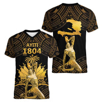 Haitian Negre Marron 1804 Women V-Neck T-Shirt Gold Polynesian Pattern - Wonder Print Shop