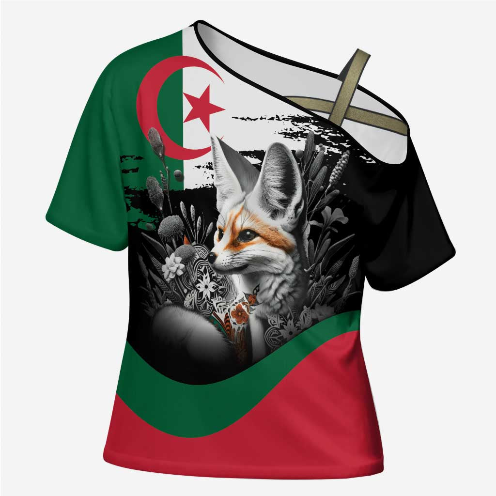 Personalized Algeria Cross Shoulder Shirt Algerian Flag With a Fennec Fox - Wonder Print Shop