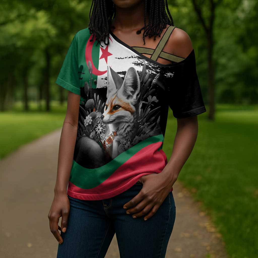 Personalized Algeria Cross Shoulder Shirt Algerian Flag With a Fennec Fox - Wonder Print Shop