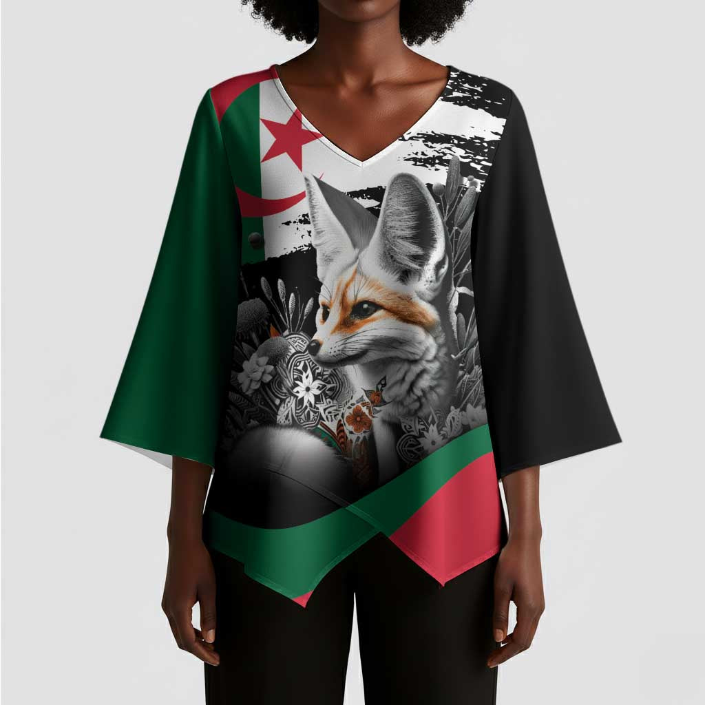 Personalized Algeria Kimono Sleeve Blouse Algerian Flag With a Fennec Fox - Wonder Print Shop