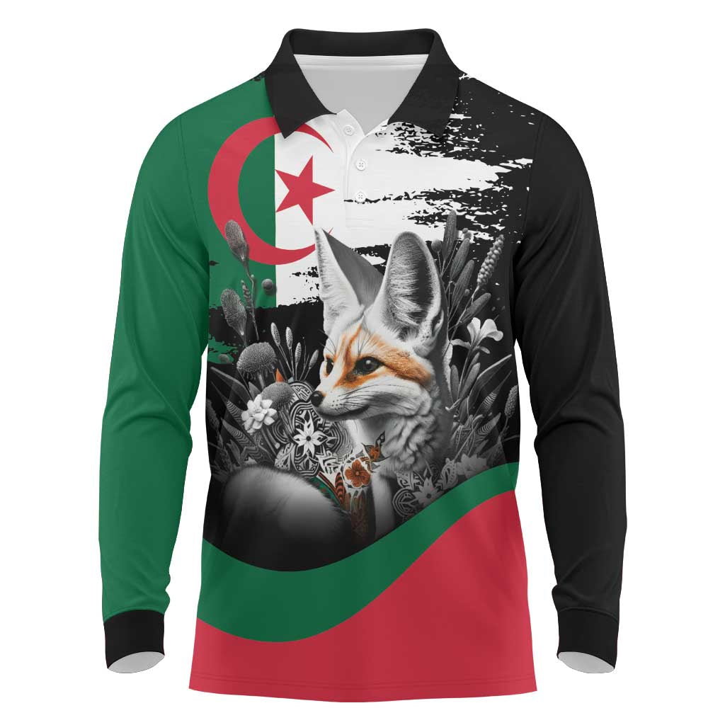 Personalized Algeria Long Sleeve Polo Shirt Algerian Flag With a Fennec Fox - Wonder Print Shop