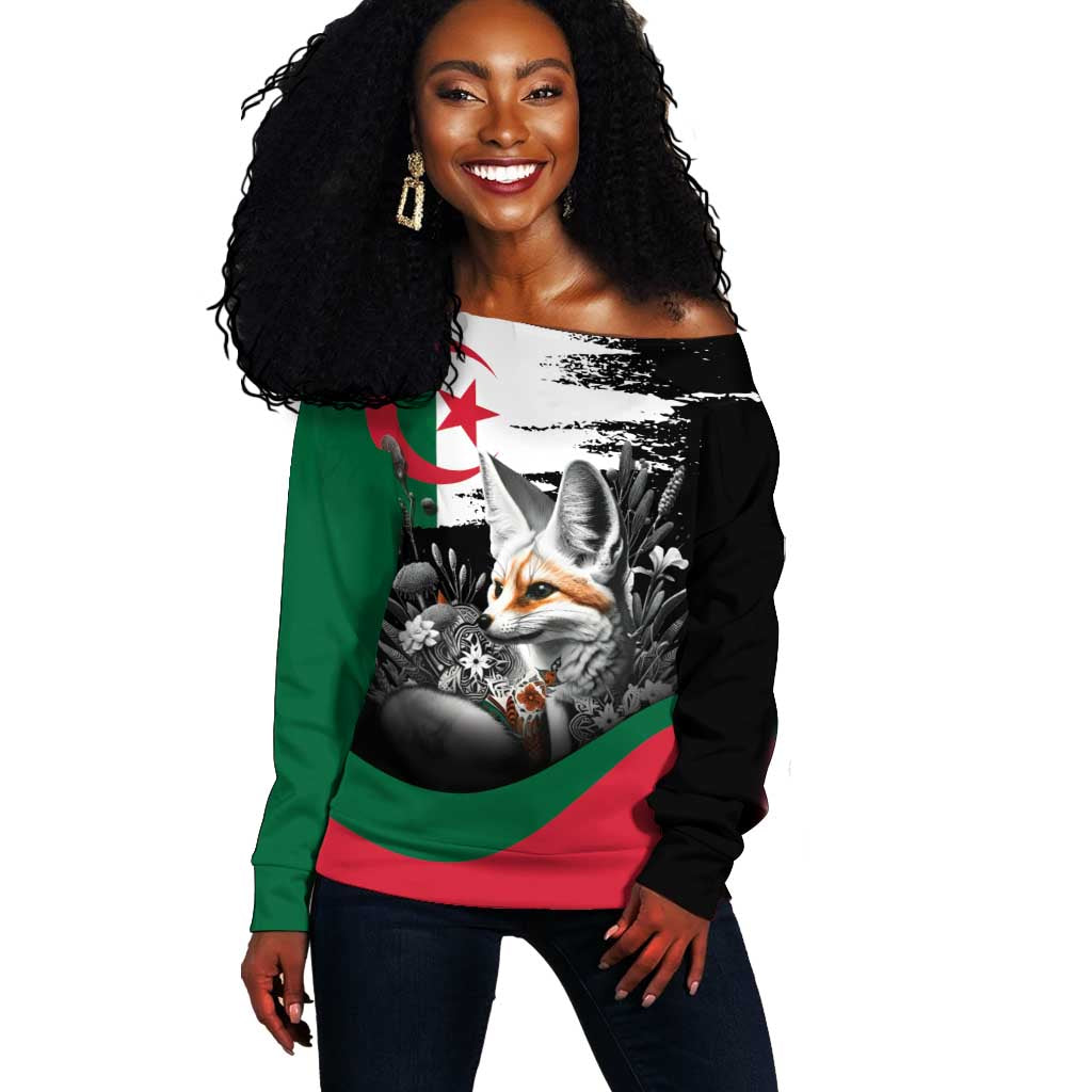 Personalized Algeria Off Shoulder Sweater Algerian Flag With a Fennec Fox - Wonder Print Shop