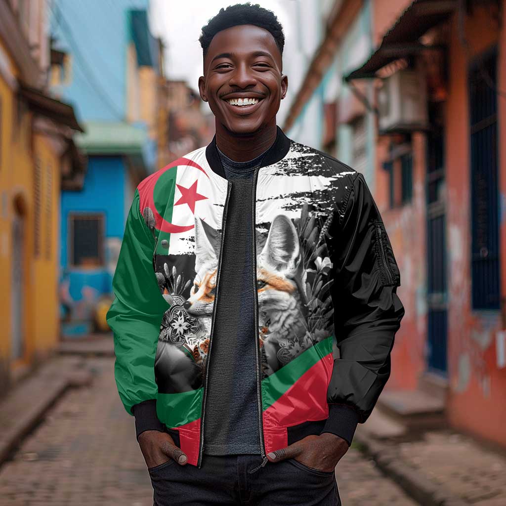 Personalized Algeria Sleeve Zip Bomber Jacket Algerian Flag With a Fennec Fox - Wonder Print Shop