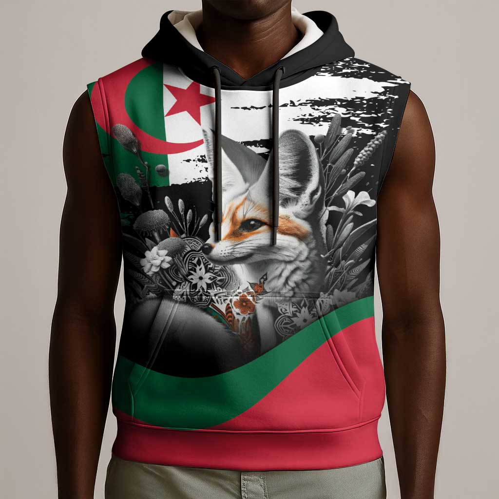 Personalized Algeria Sleeveless Hoodie Algerian Flag With a Fennec Fox - Wonder Print Shop