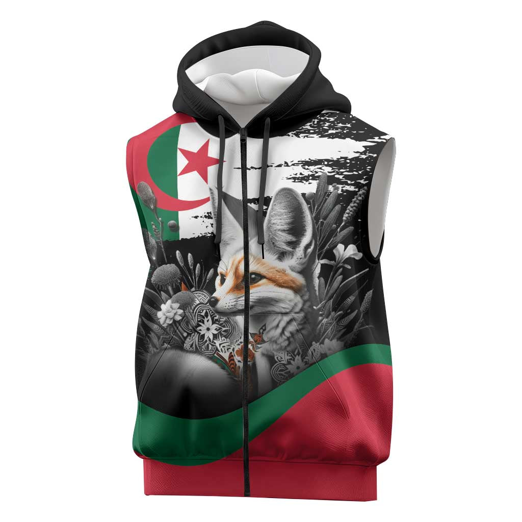 Personalized Algeria Sleeveless Zip Hoodie Algerian Flag With a Fennec Fox - Wonder Print Shop