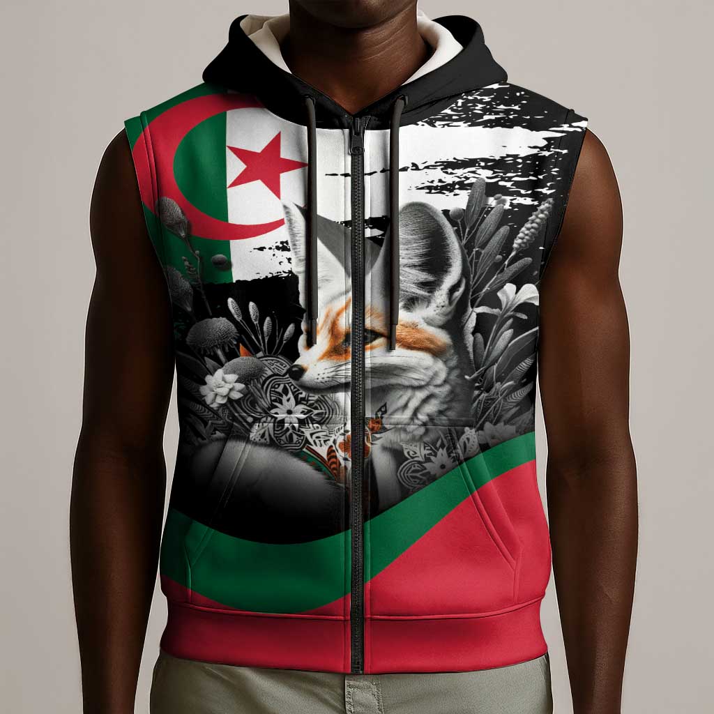 Personalized Algeria Sleeveless Zip Hoodie Algerian Flag With a Fennec Fox - Wonder Print Shop
