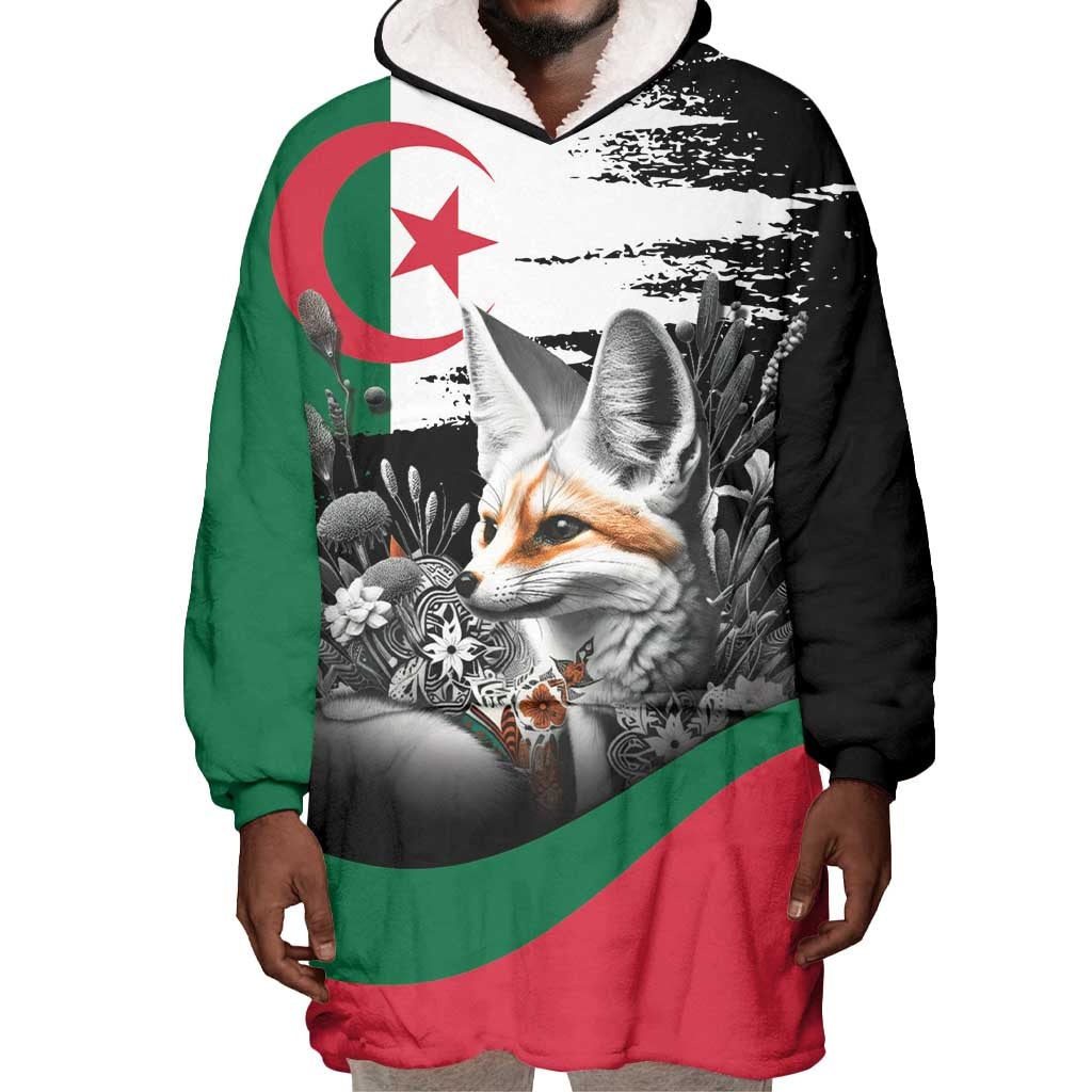 Personalized Algeria Wearable Blanket Hoodie Algerian Flag With a Fennec Fox - Wonder Print Shop