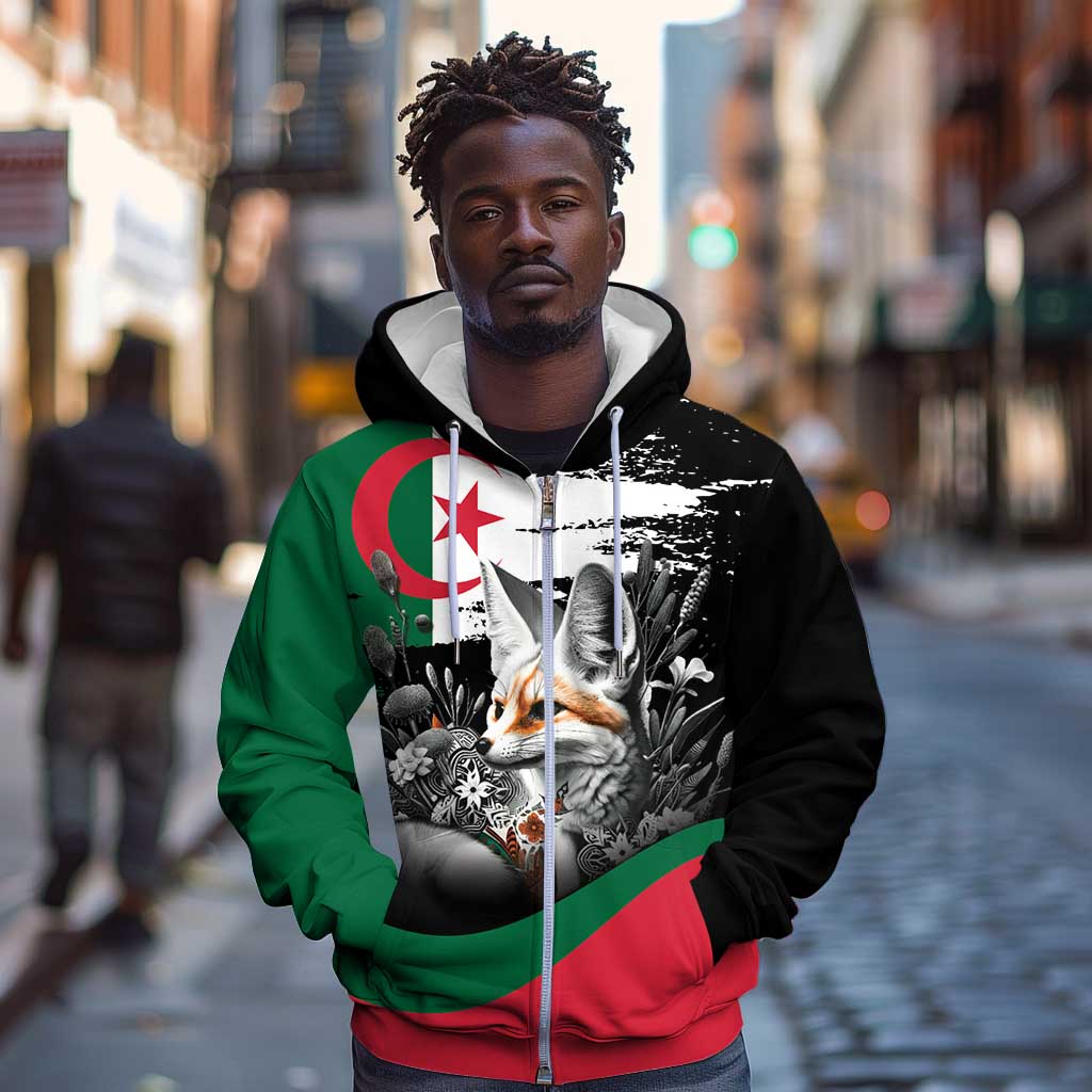 Personalized Algeria Zip Hoodie Algerian Flag With a Fennec Fox - Wonder Print Shop