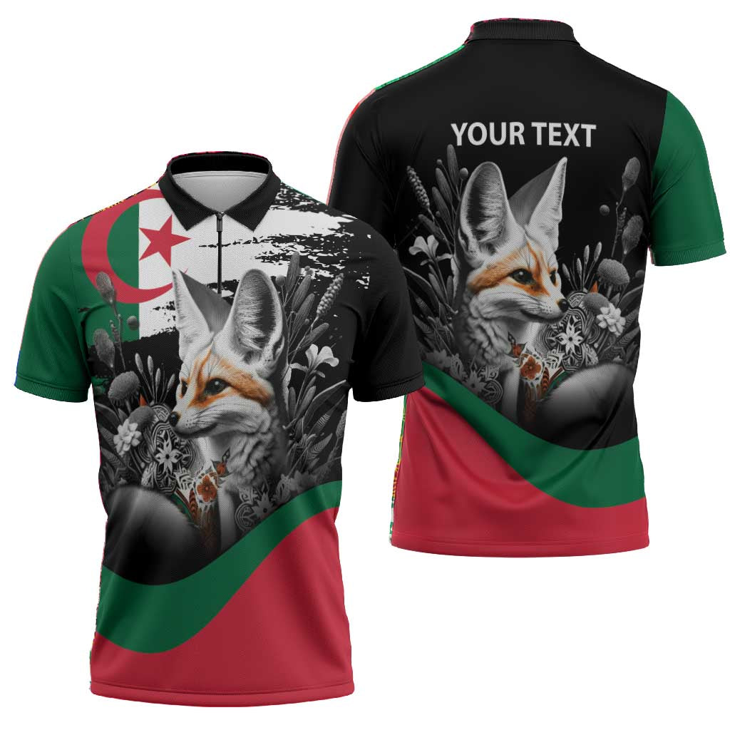 Personalized Algeria Zipper Polo Shirt Algerian Flag With a Fennec Fox - Wonder Print Shop
