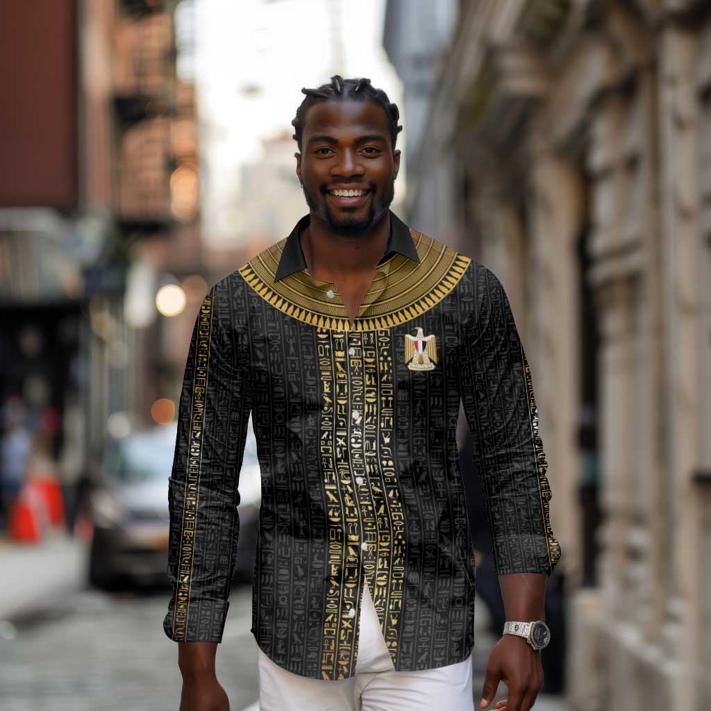 World Football 2026 Egypt Custom Long Sleeve Button Shirt Ancient Egyptian Hieroglyphs - Wonder Print Shop