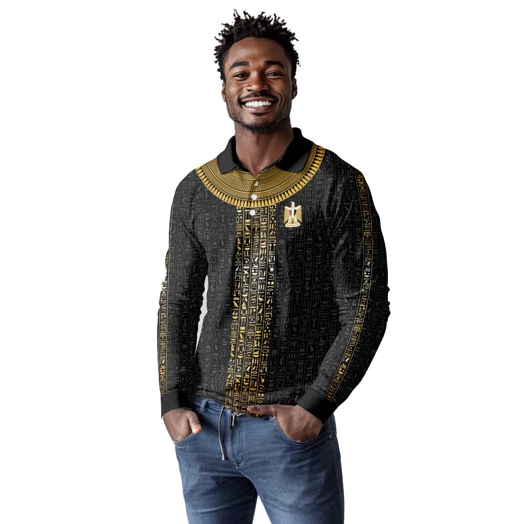 World Football 2026 Egypt Custom Long Sleeve Polo Shirt Ancient Egyptian Hieroglyphs - Wonder Print Shop