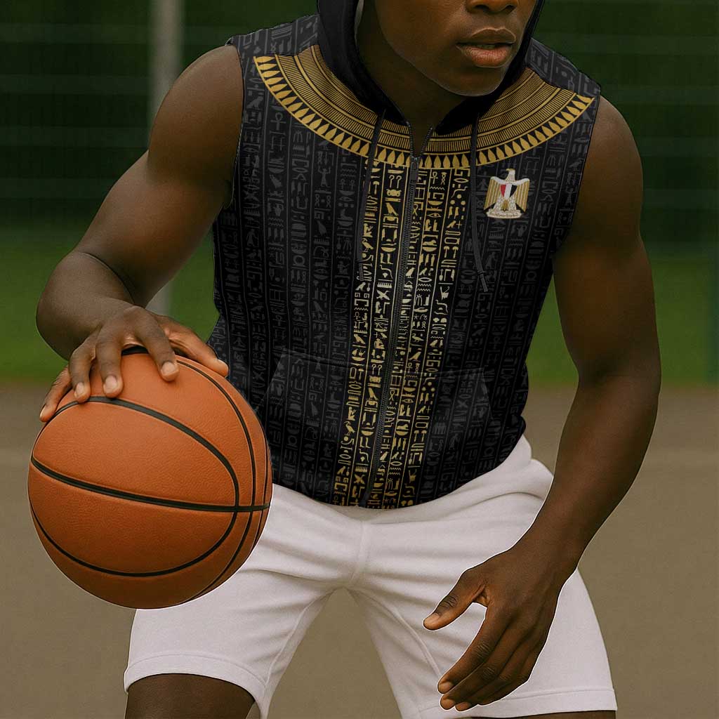 World Football 2026 Egypt Custom Sleeveless Zip Hoodie Ancient Egyptian Hieroglyphs - Wonder Print Shop