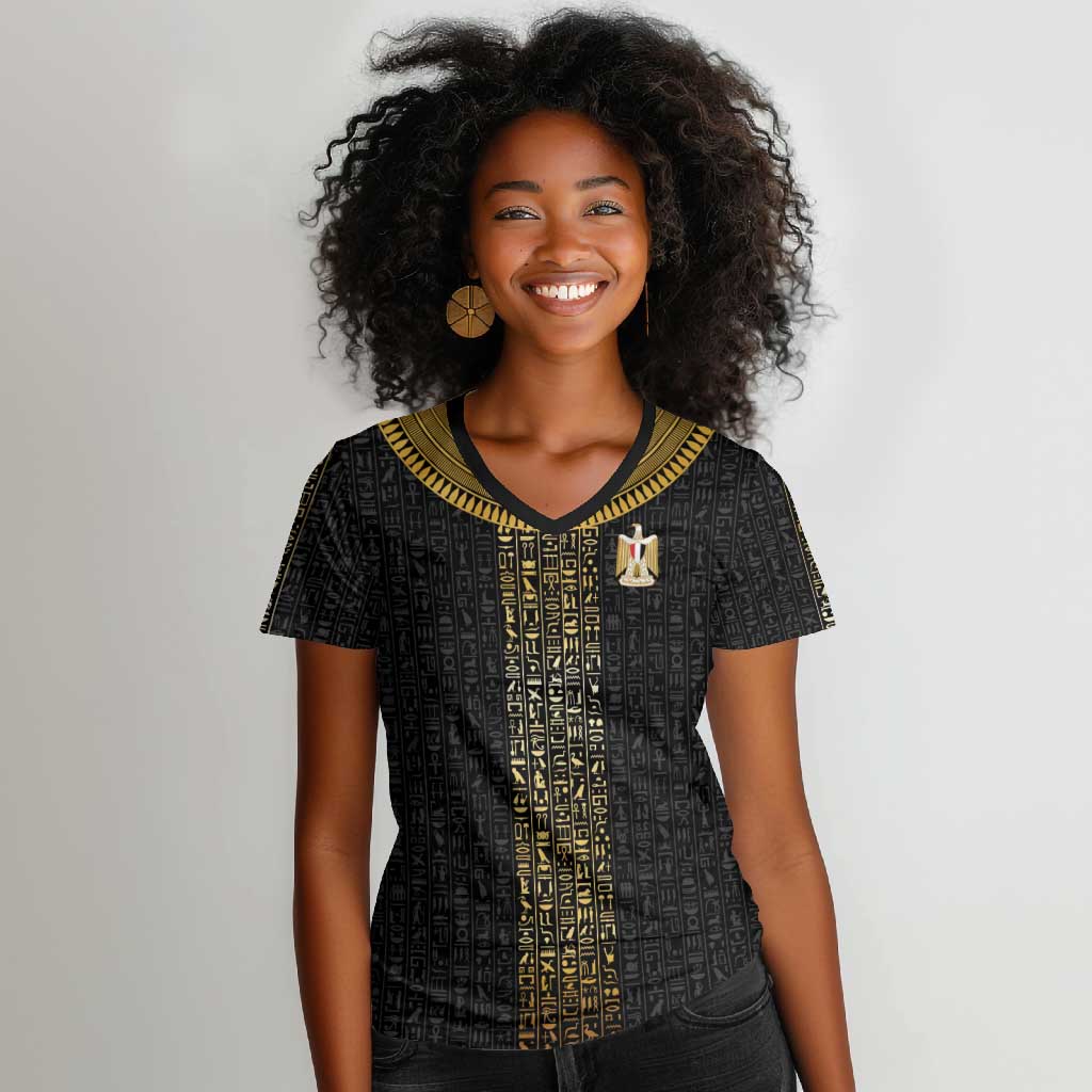 World Football 2026 Egypt Custom Women V-Neck T-Shirt Ancient Egyptian Hieroglyphs LT9