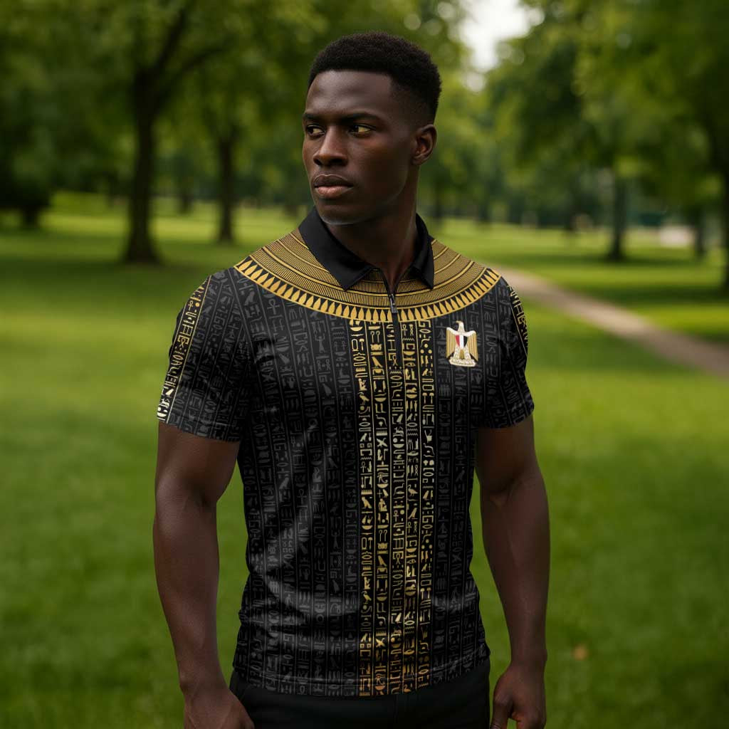 World Football 2026 Egypt Custom Zipper Polo Shirt Ancient Egyptian Hieroglyphs - Wonder Print Shop