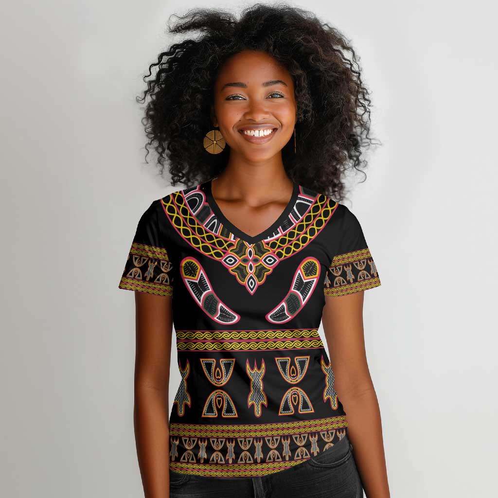 Bamenda Toghu Women V-Neck T-Shirt Traditional Attire Pattern