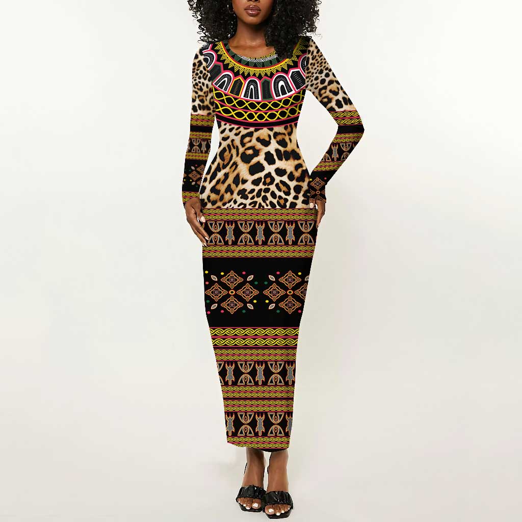 Cameroon Cheetah Toghu Pattern Long Sleeve Bodycon Dress
