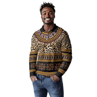 Cameroon Cheetah Toghu Pattern Long Sleeve Polo Shirt