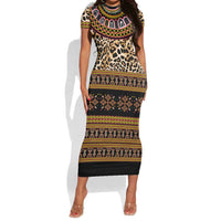 Cameroon Cheetah Toghu Pattern Short Sleeve Bodycon Dress