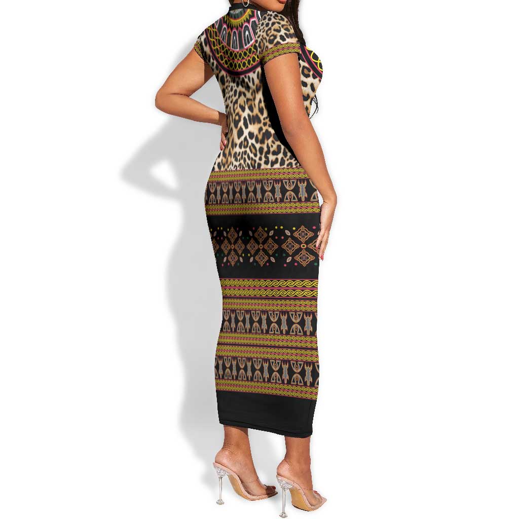 Cameroon Cheetah Toghu Pattern Short Sleeve Bodycon Dress