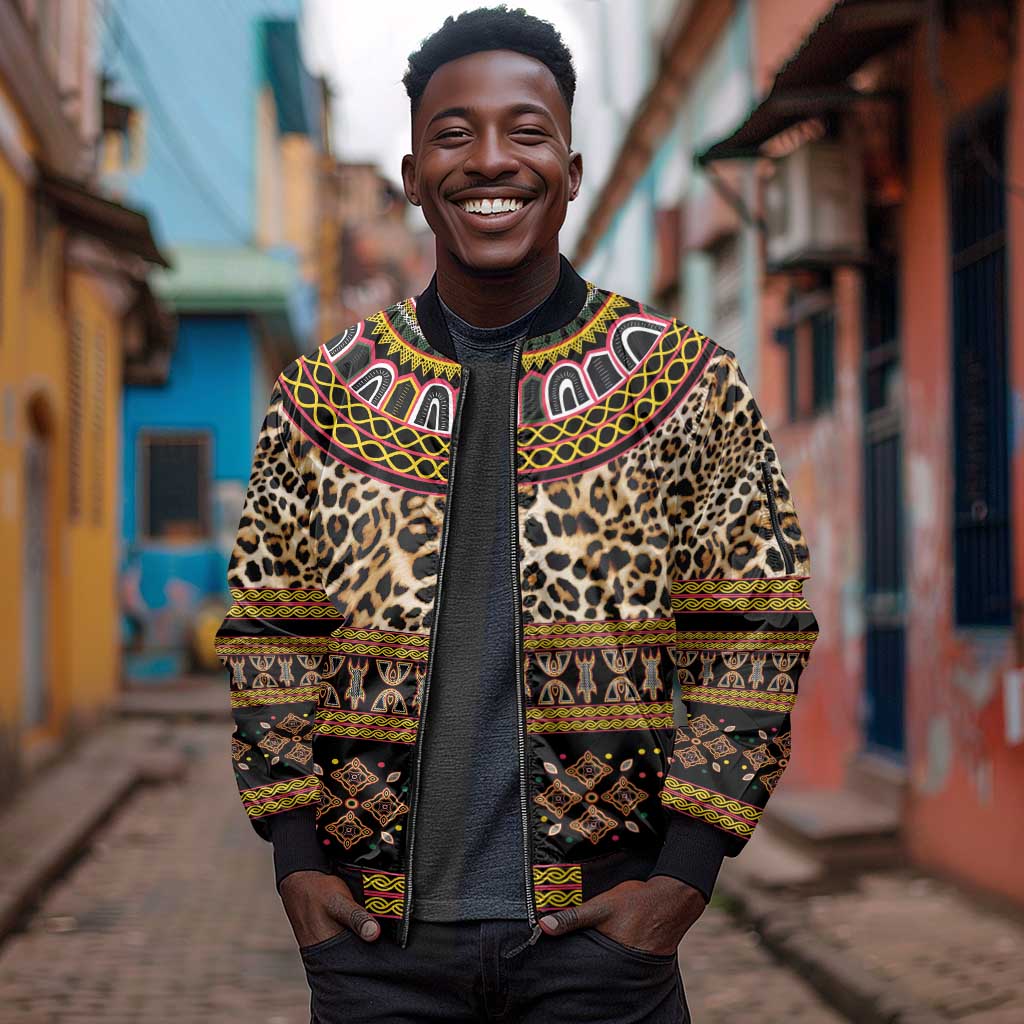 Cameroon Cheetah Toghu Pattern Sleeve Zip Bomber Jacket