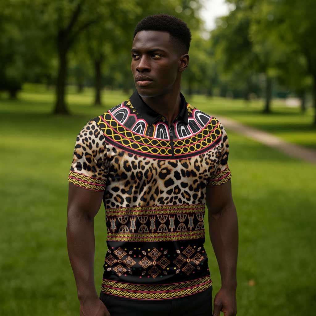 Cameroon Cheetah Toghu Pattern Zipper Polo Shirt