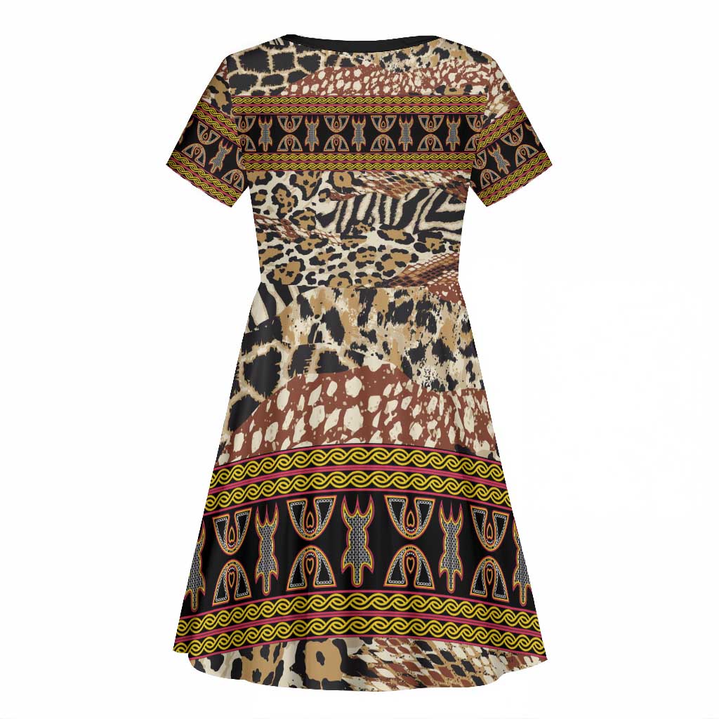 Cameroon Toghu Kid Short Sleeve Dress Wild Animal Skins Seamless Pattern