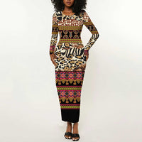 Cameroon Toghu Long Sleeve Bodycon Dress Wild Animal Skins Seamless Pattern