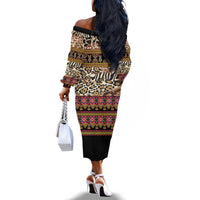 Cameroon Toghu Off The Shoulder Long Sleeve Dress Wild Animal Skins Seamless Pattern