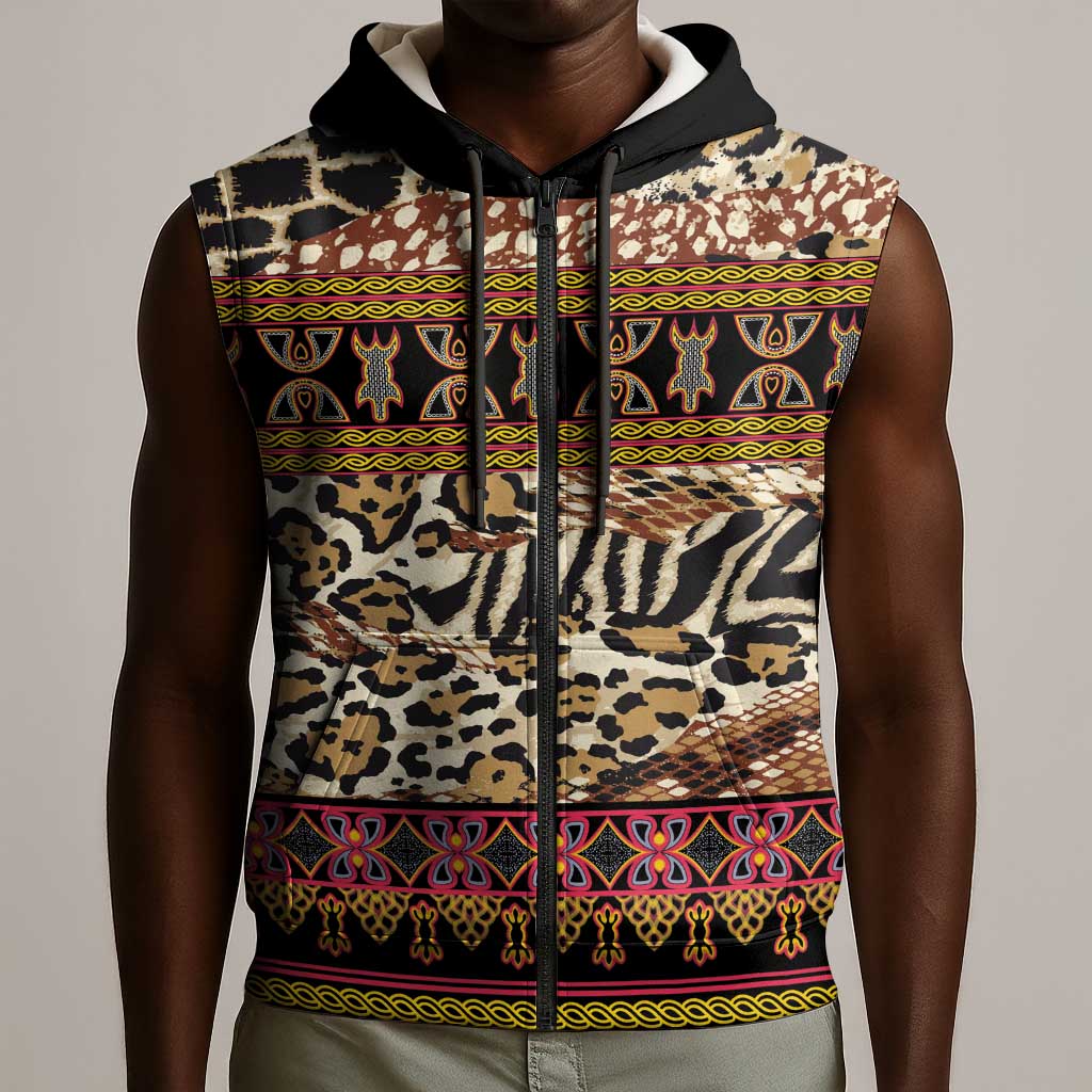 Cameroon Toghu Sleeveless Zip Hoodie Wild Animal Skins Seamless Pattern
