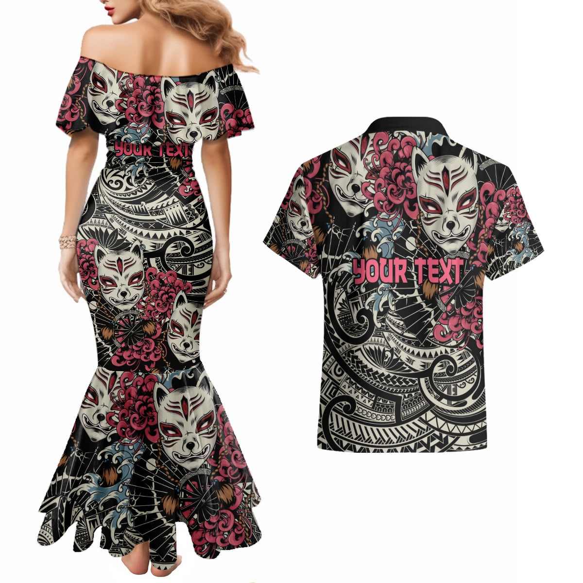 Personalized Japanese Kitsune Mask Couples Matching Mermaid Dress and Hawaiian Shirt With Polynesian Arty Style LT9 - Wonder Print Shop