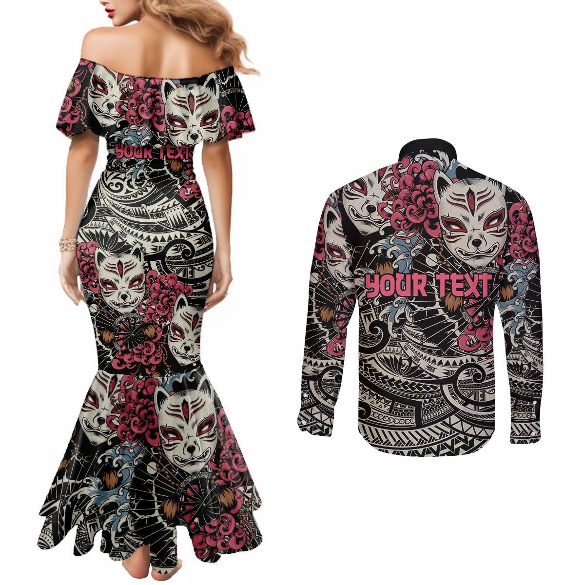 Personalized Japanese Kitsune Mask Couples Matching Mermaid Dress and Long Sleeve Button Shirt With Polynesian Arty Style