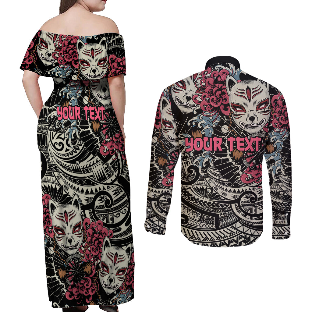 Personalized Japanese Kitsune Mask Couples Matching Off Shoulder Maxi Dress and Long Sleeve Button Shirt With Polynesian Arty Style LT9 - Wonder Print Shop
