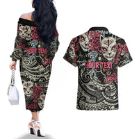 Personalized Japanese Kitsune Mask Couples Matching Off The Shoulder Long Sleeve Dress and Hawaiian Shirt With Polynesian Arty Style LT9 - Wonder Print Shop