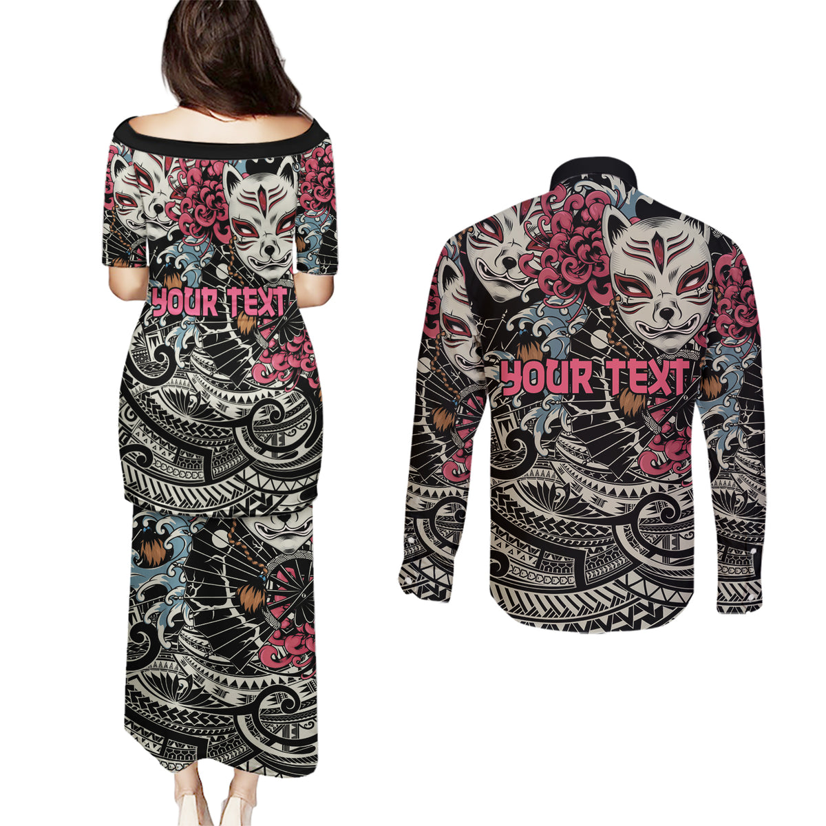 Personalized Japanese Kitsune Mask Couples Matching Puletasi and Long Sleeve Button Shirt With Polynesian Arty Style LT9 - Wonder Print Shop