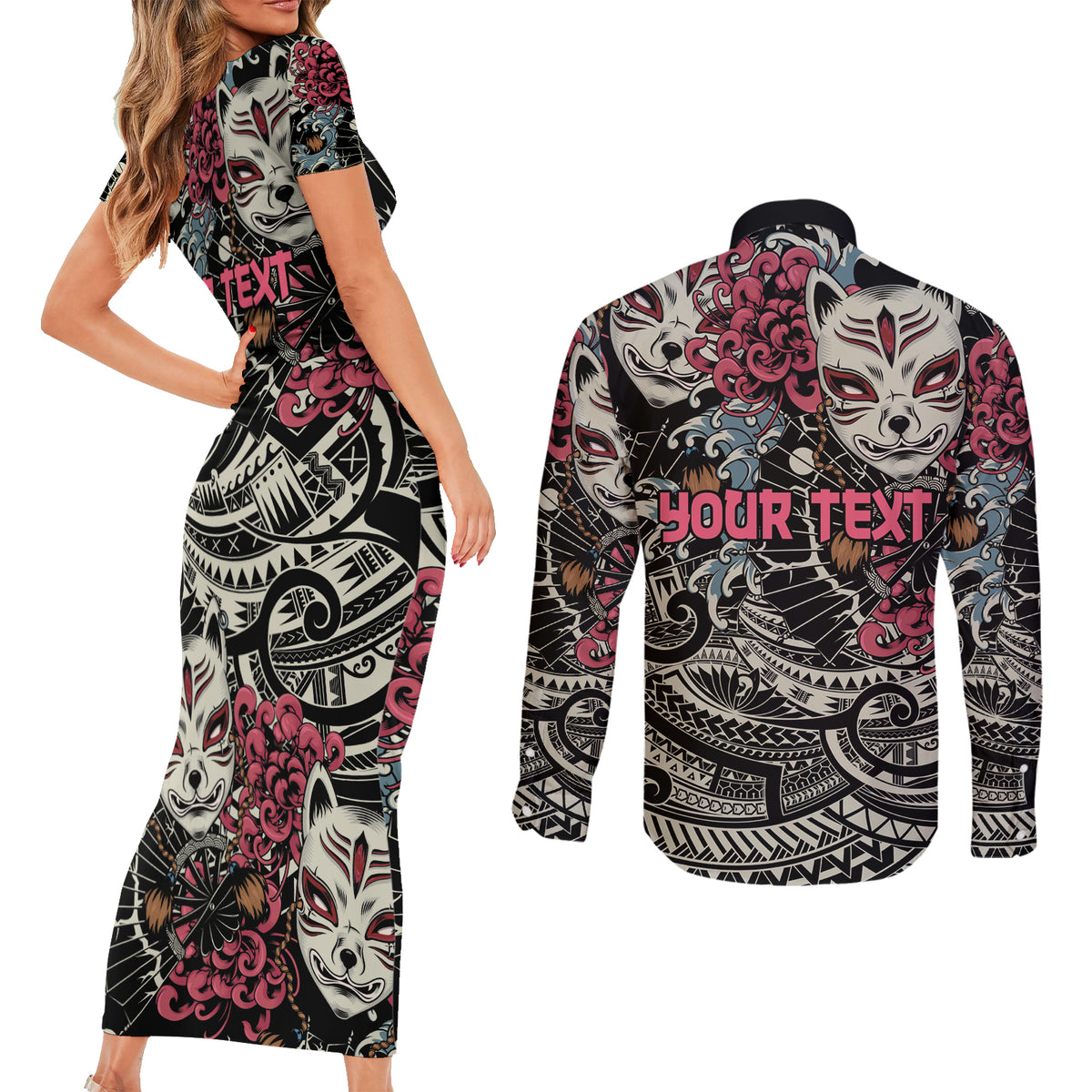 Personalized Japanese Kitsune Mask Couples Matching Short Sleeve Bodycon Dress and Long Sleeve Button Shirt With Polynesian Arty Style LT9 - Wonder Print Shop