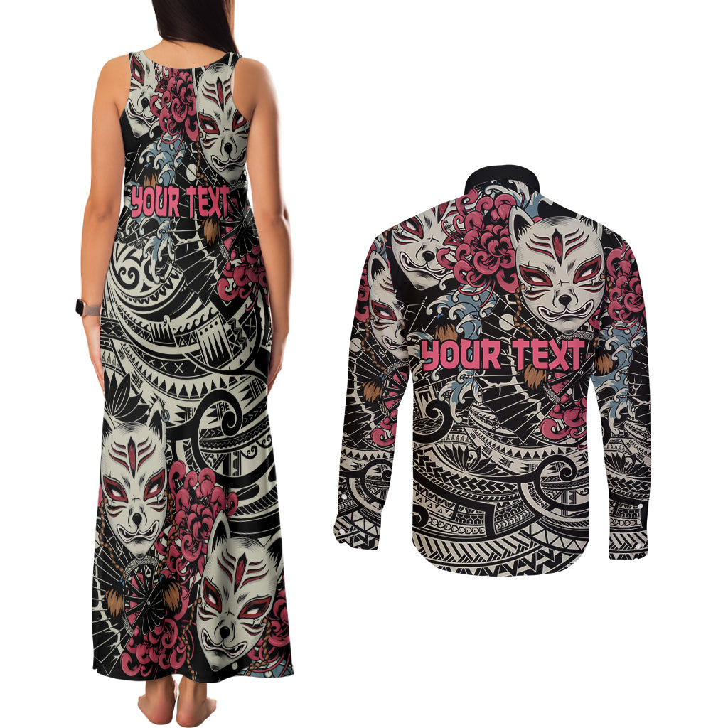Personalized Japanese Kitsune Mask Couples Matching Tank Maxi Dress and Long Sleeve Button Shirt With Polynesian Arty Style LT9 - Wonder Print Shop