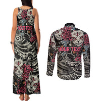 Personalized Japanese Kitsune Mask Couples Matching Tank Maxi Dress and Long Sleeve Button Shirt With Polynesian Arty Style LT9 - Wonder Print Shop