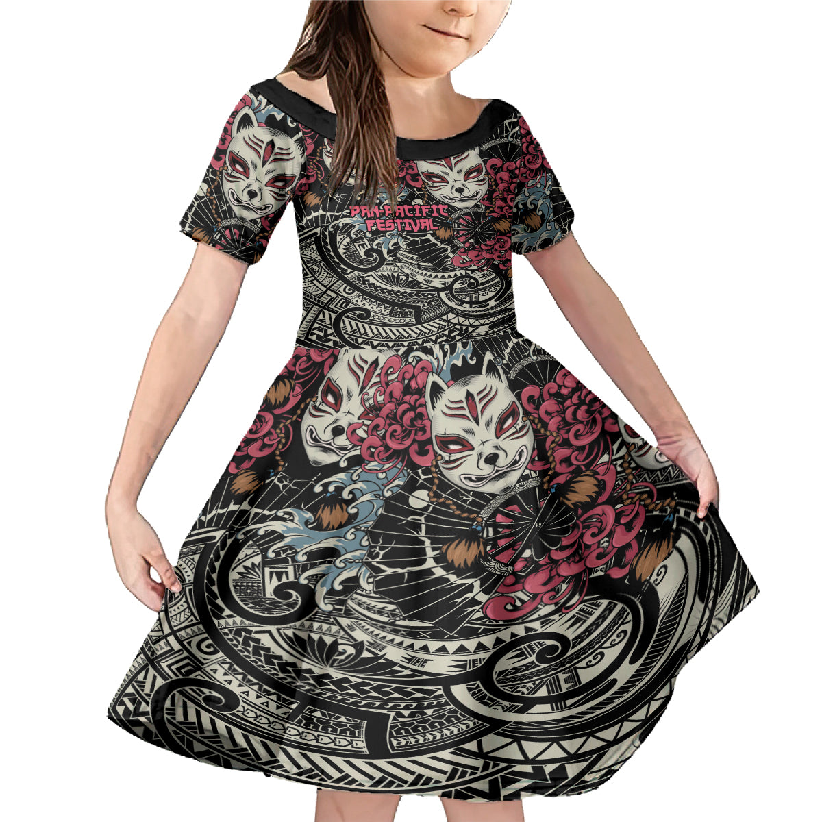 Personalized Japanese Kitsune Mask Family Matching Mermaid Dress and Hawaiian Shirt With Polynesian Arty Style LT9 - Wonder Print Shop