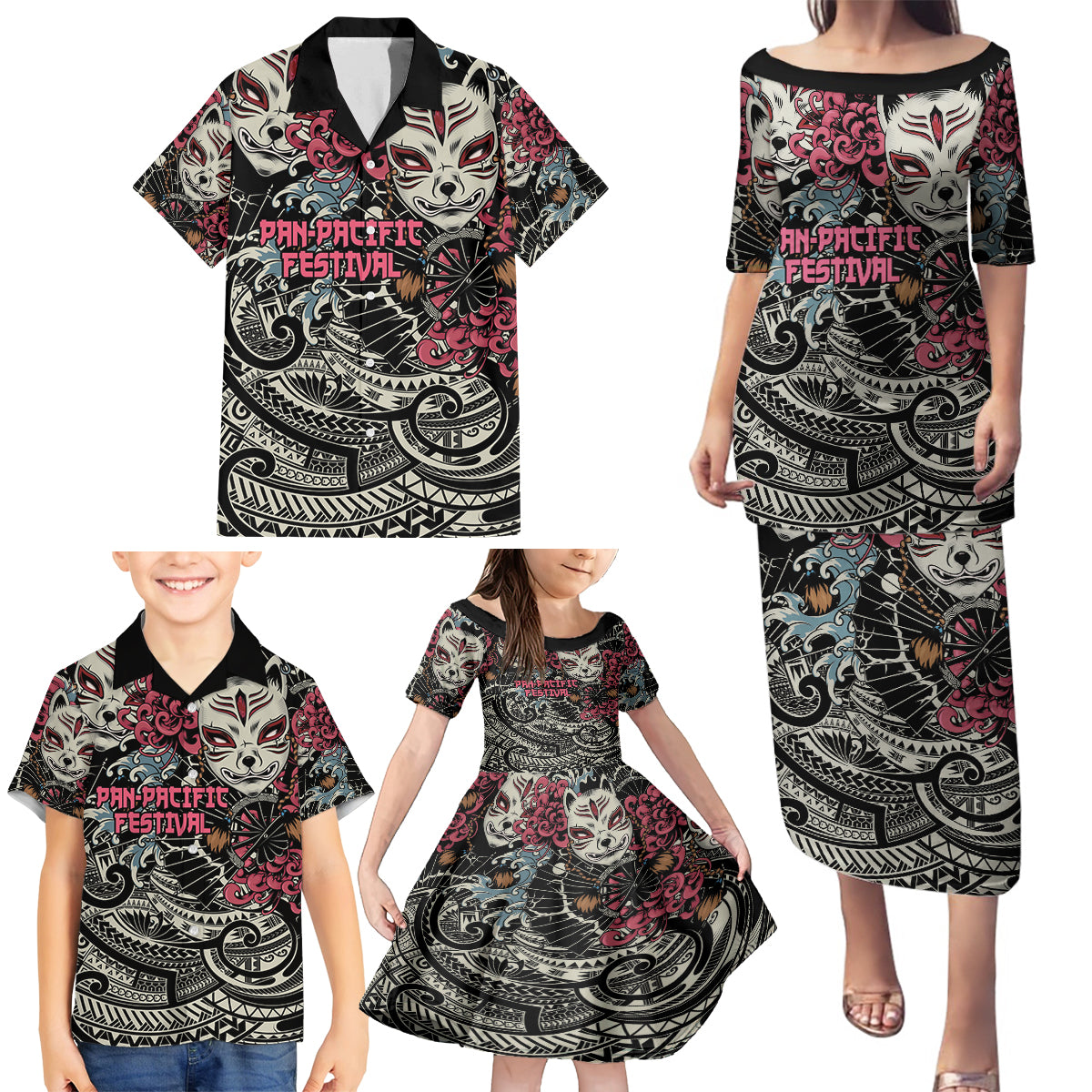 Personalized Japanese Kitsune Mask Family Matching Puletasi and Hawaiian Shirt With Polynesian Arty Style - Wonder Print Shop