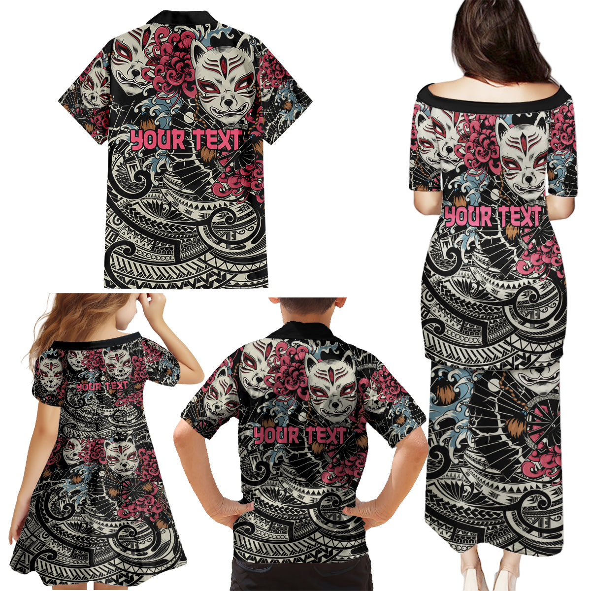 Personalized Japanese Kitsune Mask Family Matching Puletasi and Hawaiian Shirt With Polynesian Arty Style - Wonder Print Shop