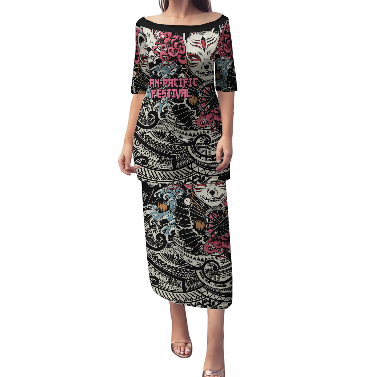 Personalized Japanese Kitsune Mask Family Matching Puletasi and Hawaiian Shirt With Polynesian Arty Style - Wonder Print Shop