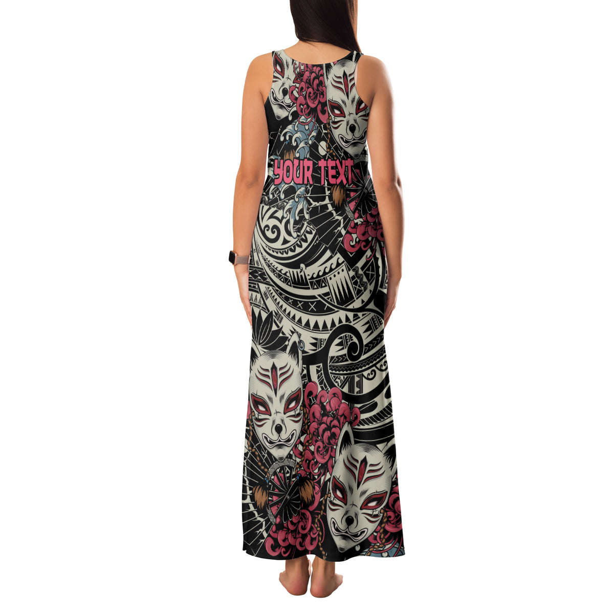 Personalized Japanese Kitsune Mask Family Matching Tank Maxi Dress and Hawaiian Shirt With Polynesian Arty Style - Wonder Print Shop
