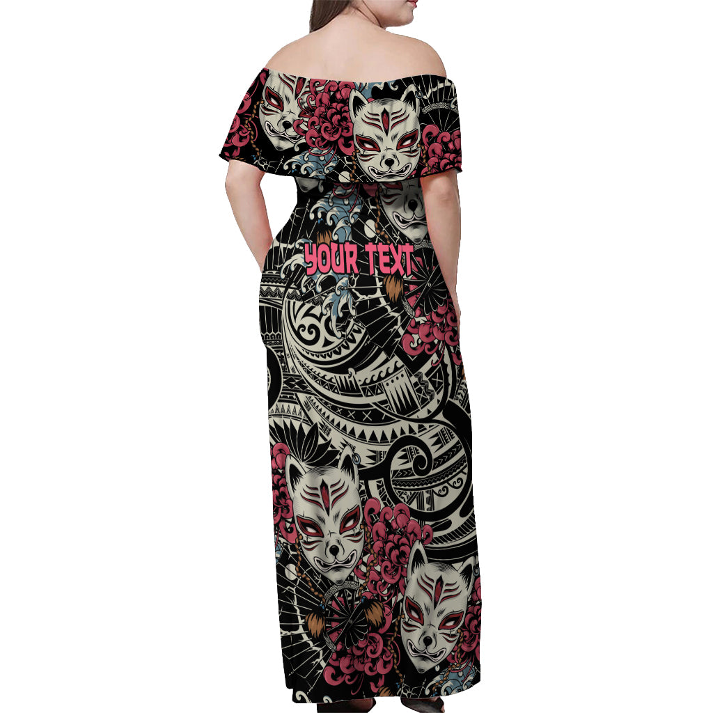 Personalized Japanese Kitsune Mask Off Shoulder Maxi Dress With Polynesian Arty Style - Wonder Print Shop