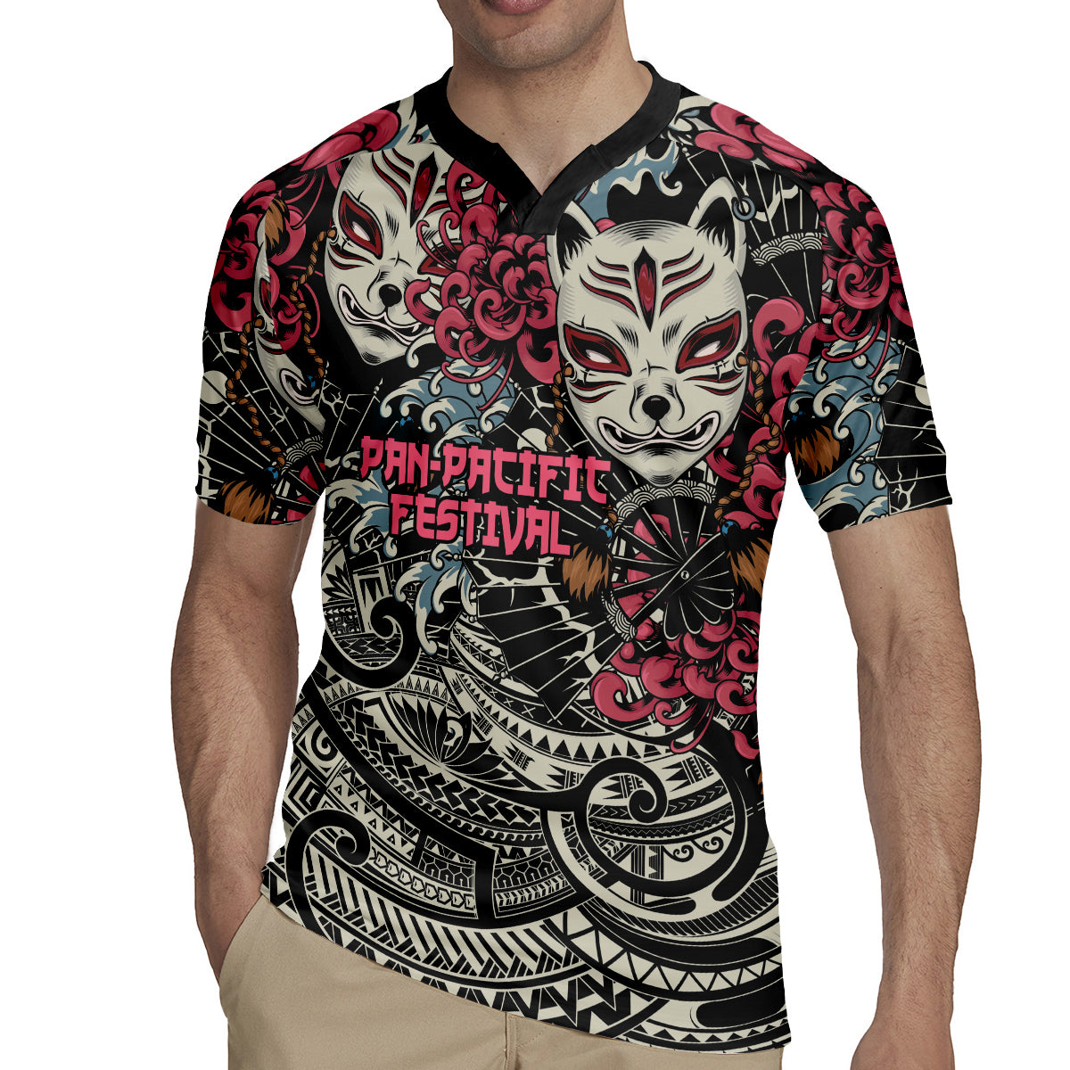 Personalized Japanese Kitsune Mask Rugby Jersey With Polynesian Arty Style - Wonder Print Shop