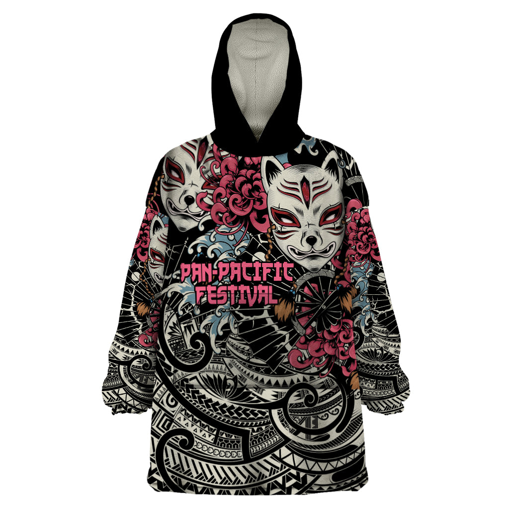 Personalized Japanese Kitsune Mask Wearable Blanket Hoodie With Polynesian Arty Style
