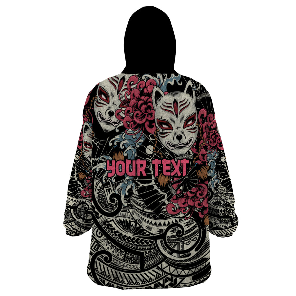 Personalized Japanese Kitsune Mask Wearable Blanket Hoodie With Polynesian Arty Style - Wonder Print Shop