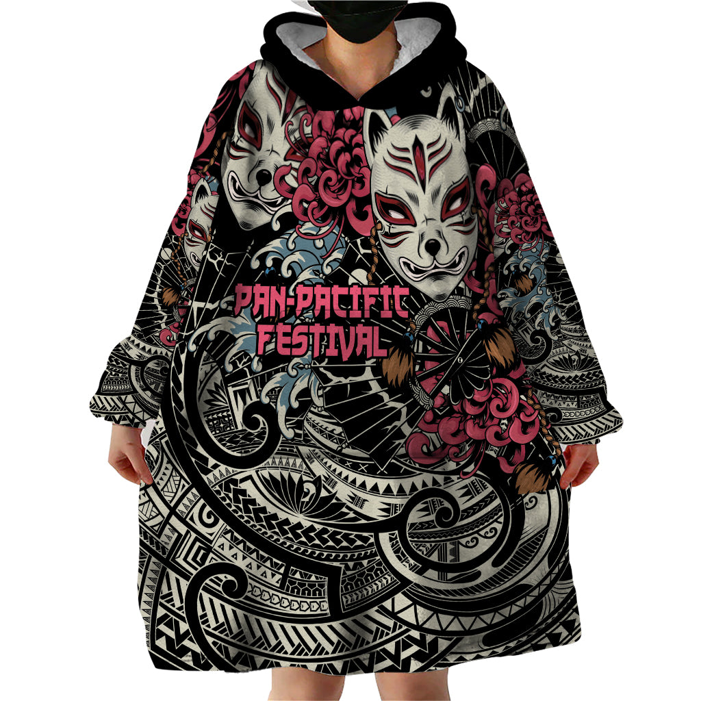 Personalized Japanese Kitsune Mask Wearable Blanket Hoodie With Polynesian Arty Style - Wonder Print Shop