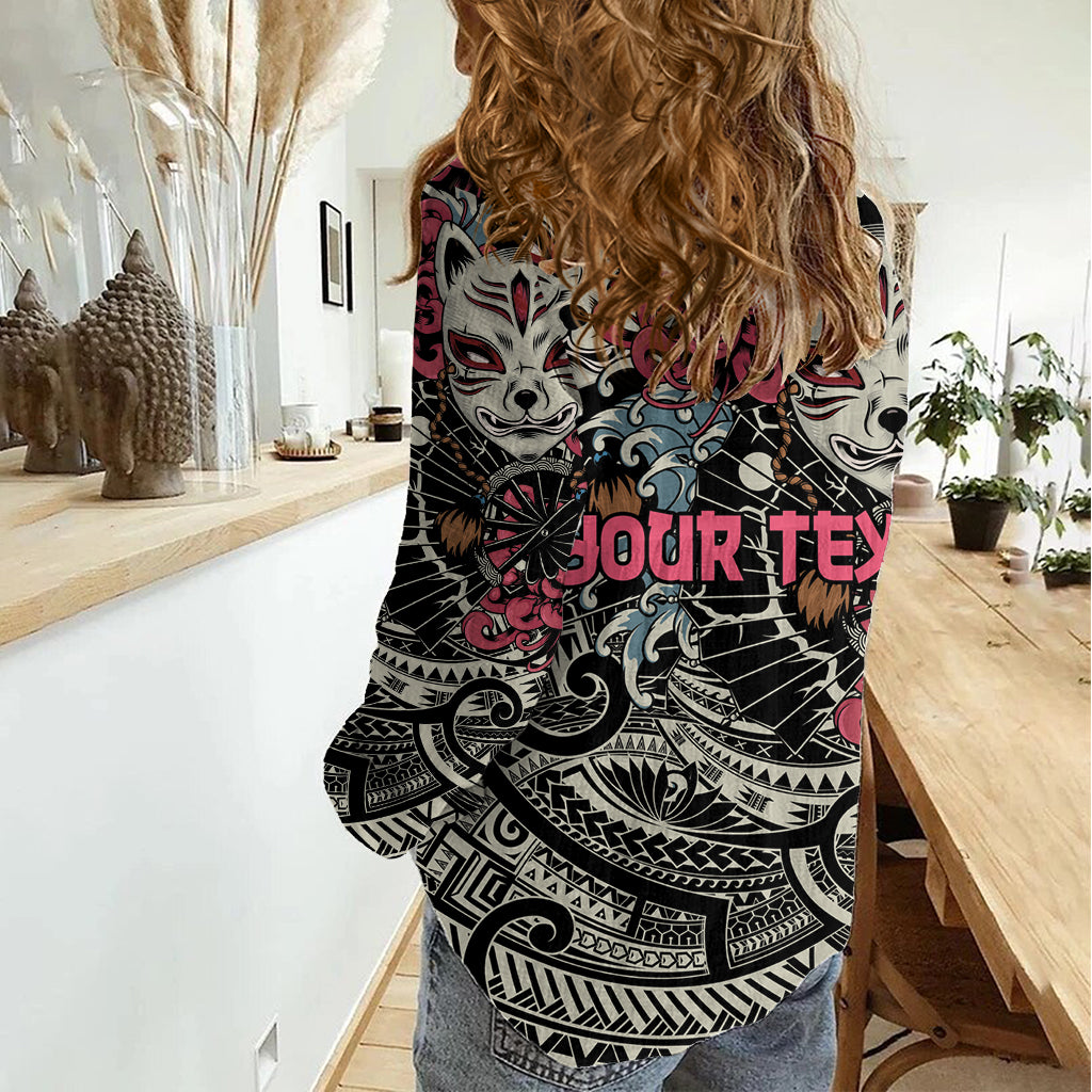 Personalized Japanese Kitsune Mask Women Casual Shirt With Polynesian Arty Style - Wonder Print Shop